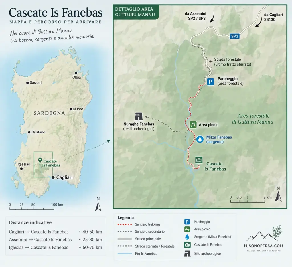 Mappa della Foresta di Gutturu Mannu e percorso per arrivare alle Cascate Is Fanebas