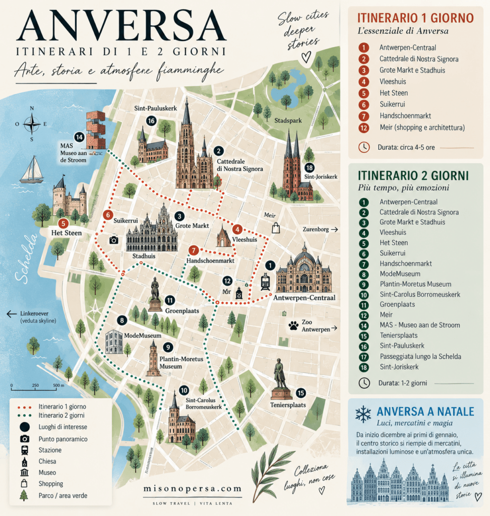 Mappa di Anversa con itinerari di 1 e 2 giorni e principali luoghi di interesse