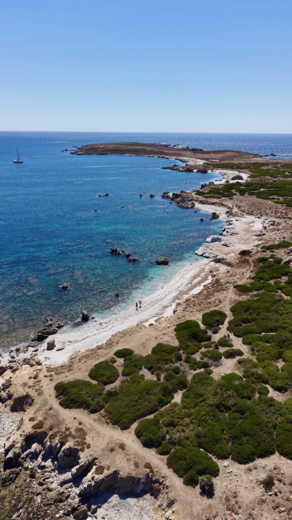 Costa granitica dell'Isola di Mal di Ventre con steppa arida, piccole calette di sabbia e mare blu