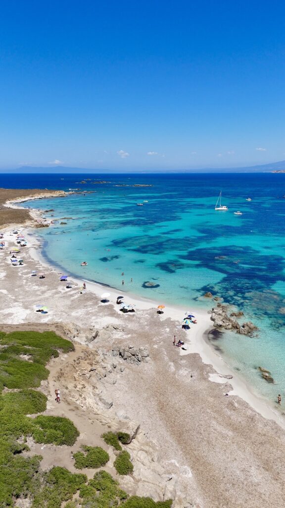 Macchia bassa verde che scende verso una cala di sabbia chiara e il mare turchese, con la costa sarda all'orizzonte