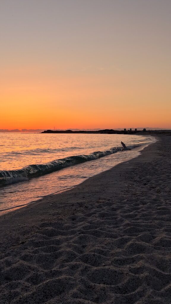 Tramonto arancione su Mari Ermi, con un’onda che si rompe sulla riva e un gabbiano in volo